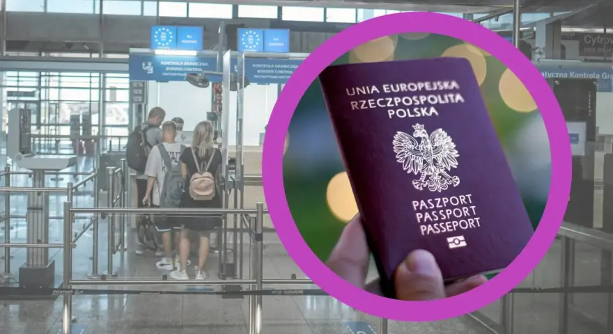 Paszport UE w dłoni, a w tle kolejka do kontroli granicznej. Czy do Wielkiej Brytanii trzeba mieć paszport? Sprawdź zasady wjazdu.