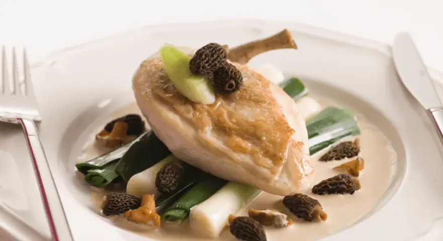 Un délicieux poulet aux morilles, servi avec des poireaux tendres dans une sauce crémeuse.