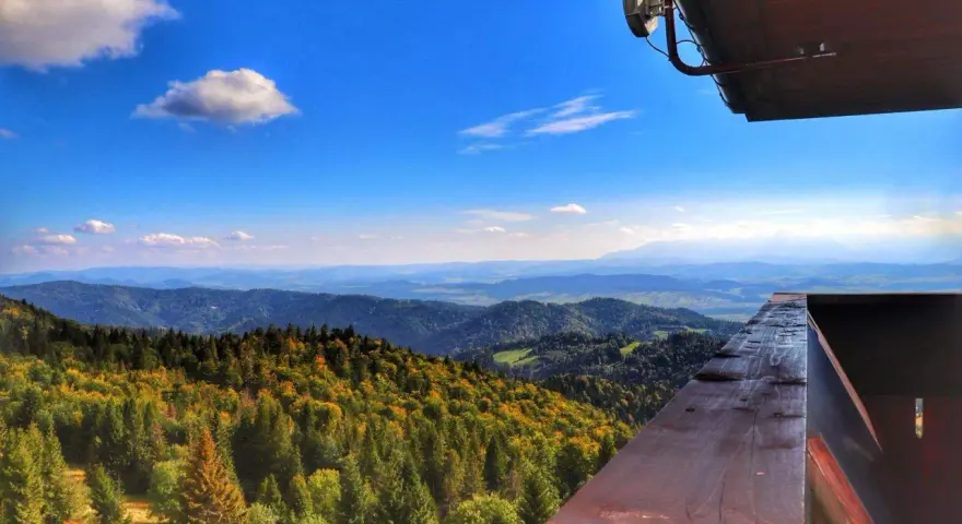 Widok z wieży widokowej na Beskid Sądecki. Jesienne kolory lasów i łagodne wzgórza zachęcają do odkrywania ochotnica górna szlaki.