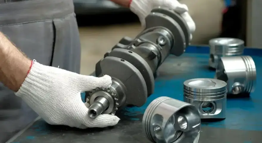 Mechanik w białych rękawiczkach trzyma wał korbowy, obok leżą tłoki. Uszczelniacz na wale jest kluczowy dla silnika.