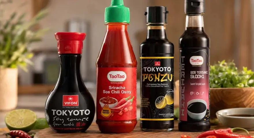 Cztery butelki sosów: sos sojowy Tokyoto, ostry sos chili Sriracha, cytrusowy sos ponzu i słodki sos teriyaki. Najlepszy sos sojowy do sushi.