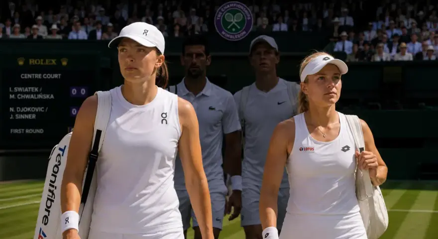 Iga Świątek i inni tenisiści wchodzą na kort. Rozpoczyna się Wimbledon.