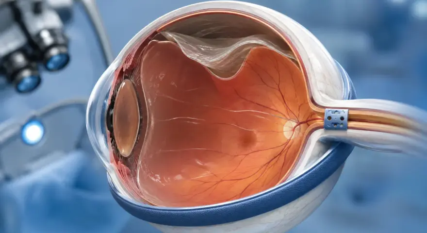 Dettaglio anatomico dell'occhio con il vitreo trasparente, pronto per un emovitreo intervento. Si intravede un microscopio chirurgico.