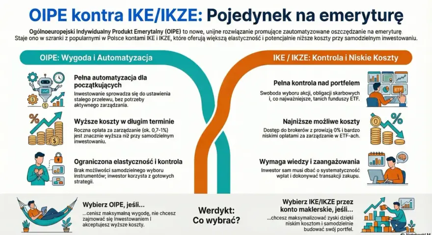 OIPE vs IKE/IKZE: porównanie automatyzacji i wygody z kontrolą i niskimi kosztami. Wybierz OIPE dla łatwego inwestowania, IKE/IKZE dla samodzielnego budowania portfela.