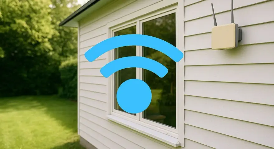 Ein WLAN-Symbol über einem Fenster und ein Router an der Hauswand signalisieren: Internet im Garten ist möglich.