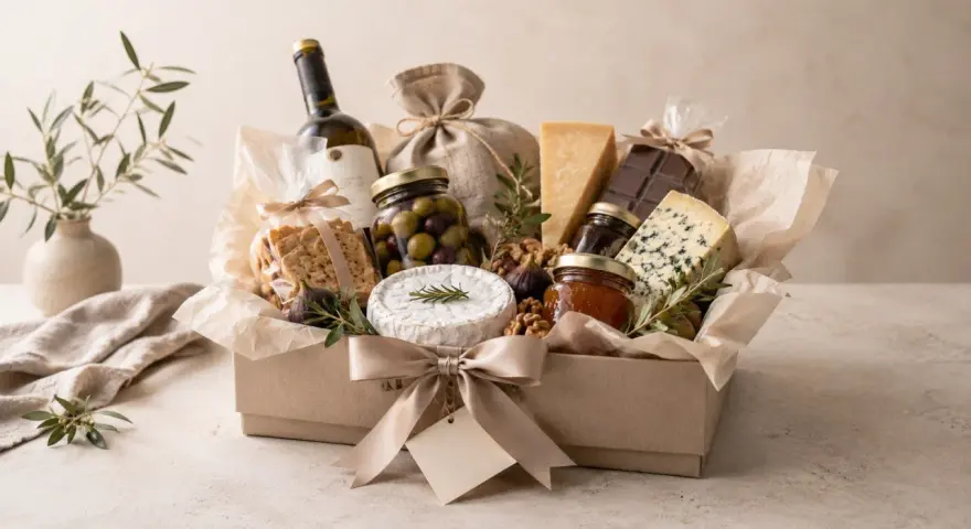 En lyxig presentkorg fylld med ost, kex, oliver, marmelad, choklad och vin. Perfekt för en gourmand.