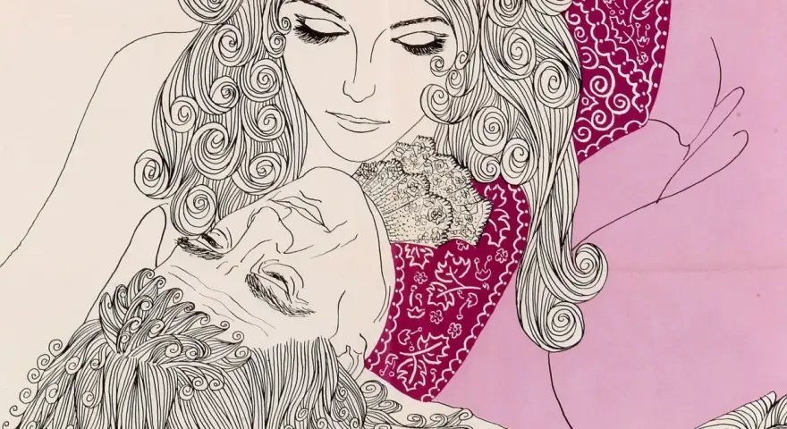 Dessin d'un homme et d'une femme enlacés, aux cheveux bouclés. L'homme, au regard clos, semble inspirer une **sade ecrivain** qui le contemple tendrement.