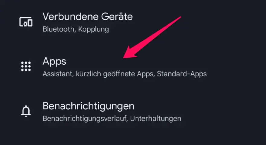 Android-Menü mit hervorgehobener Option "Apps" und Pfeil.