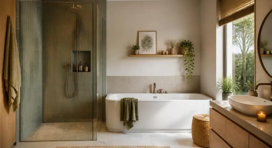 Salle de bain moderne avec douche vitrée, baignoire spacieuse pour un bain relaxant de plusieurs litres, et lavabo en pierre naturelle.