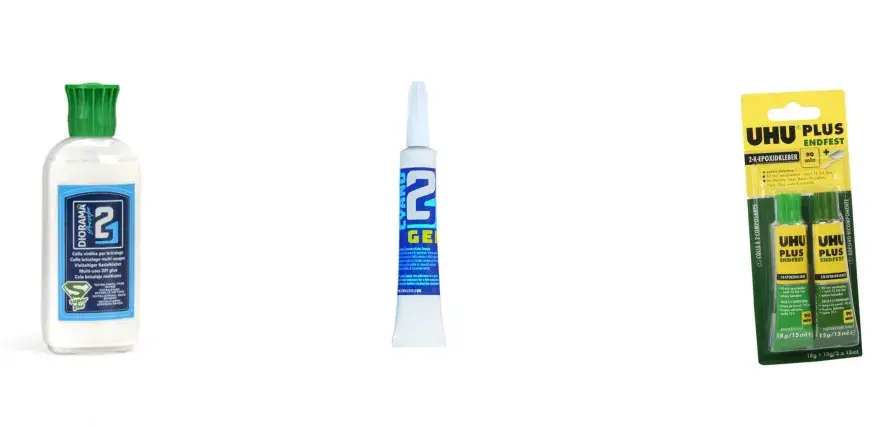 Three glues for models: a bottle of "DIORAMA super glue," a tube of "2 GEL," and a UHU PLUS ENDFEST epoxy kit.