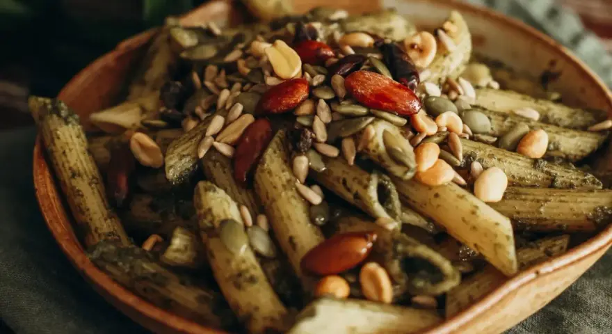 Makaron penne z zielonym pesto, posypany pestkami dyni, słonecznika, migdałami i orzeszkami ziemnymi. Idealny na dietę braci rodzeń.