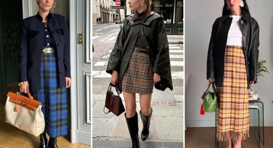 Tre donne sfoggiano gonne con la classica trama Burberry: una blu, una marrone e una gialla.