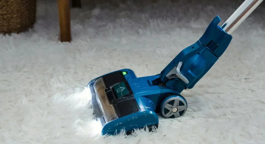 Blauer Staubsauger mit LED-Licht reinigt flauschigen Teppich. Die Leistung, wie viel Watt hat ein Staubsauger, ist entscheidend für die Saugkraft.