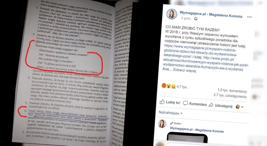 Rodzice rozmawiają z dzieckiem o karze. W tle widać fragment książki o wychowaniu, gdzie mowa o przysiędze małżeńskiej.
