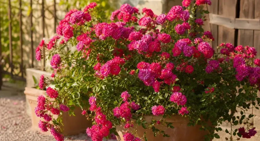Üppige, pinke Rosenbüsche in Terrakotta-Töpfen, die zum Rosen pflanzen einladen. Ein Hauch von Sommer.