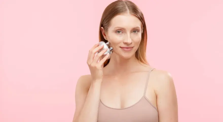 A woman demonstrates how to use a face massager on her cheek, showing a simple skincare routine.