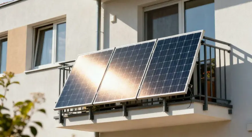 Nowoczesna fotowoltaika na tarasie, zbierająca energię słoneczną. Panele zamontowane na balustradzie budynku mieszkalnego.