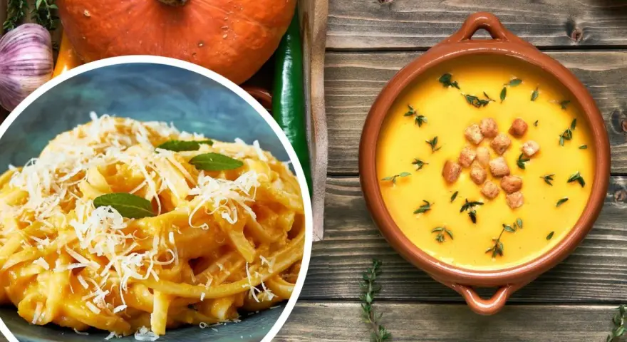 Pyszne dania z dyni na obiad: kremowa zupa z grzankami i makaron z parmezanem. Idealne jesienne posiłki.