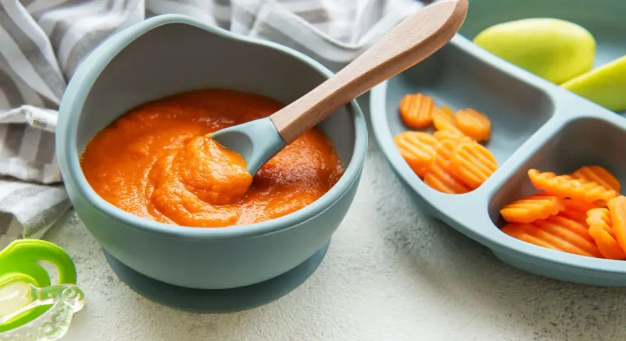 Karottenpüree und geschnittene Karotten auf einem Baby-Teller, bereit für leckere Beikost-Rezepte. Ein Löffel mit Püree ist in der Schüssel.