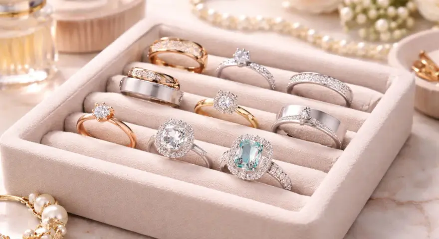 A velvet tray displays various styles of engagement rings, from classic solitaires to diamond-encrusted bands, in gold, silver, and rose gold.