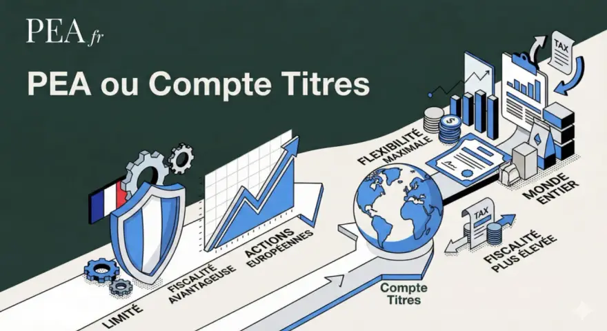 Comparaison entre PEA et compte titre ordinaire : le PEA offre une fiscalité avantageuse et des actions européennes, tandis que le compte titre propose une flexibilité maximale pour investir dans le monde entier.