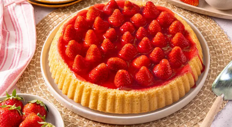 Ein köstlicher Erdbeerkuchen mit frischen Erdbeeren und Gelee. Dieses Erdbeerboden Rezept ist perfekt für den Sommer.