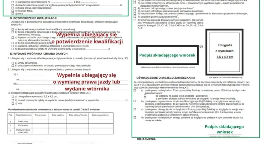 Formularz wniosku o wymianę prawa jazdy po ślubie, z miejscem na zdjęcie 3,5x4,5 cm.