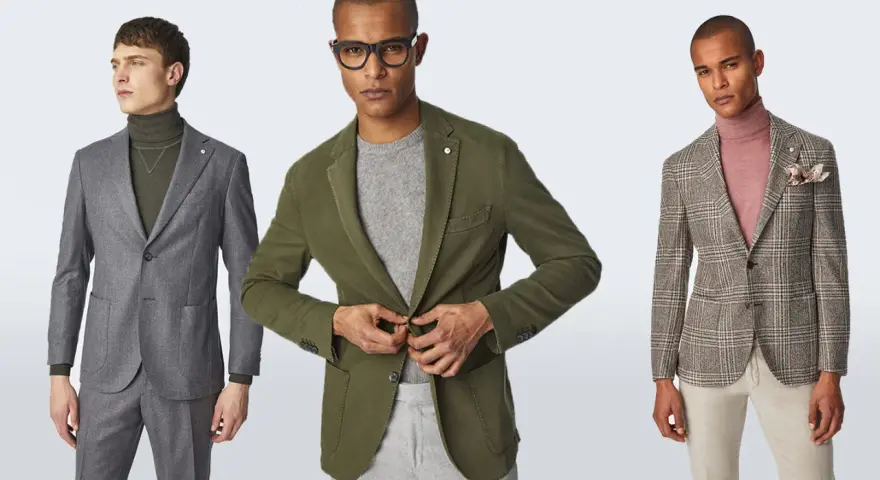 Tre uomini mostrano un dress code informale uomo: blazer grigio, verde oliva e a quadri con dolcevita.