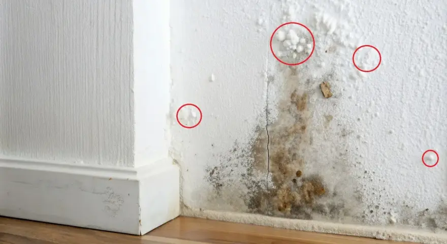 Schimmelbefall an einer weißen Wand, mit roten Kreisen, die kleine weiße Schimmelpunkte markieren.