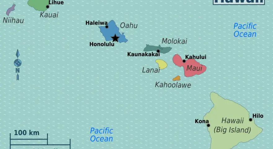 Mapa pokazuje, gdzie leżą Hawaje na mapie Pacyfiku, z zaznaczonymi wyspami: Kauai, Oahu, Maui, Molokai, Lanai, Kahoolawe i Hawaii (Big Island).