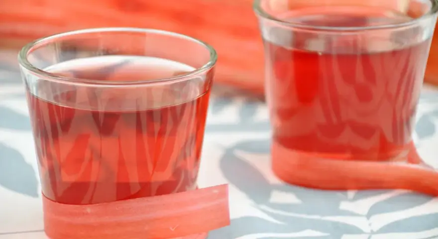 Dwa kieliszki z rubinową nalewką z rabarbaru, ozdobione łodygami tej rośliny.
