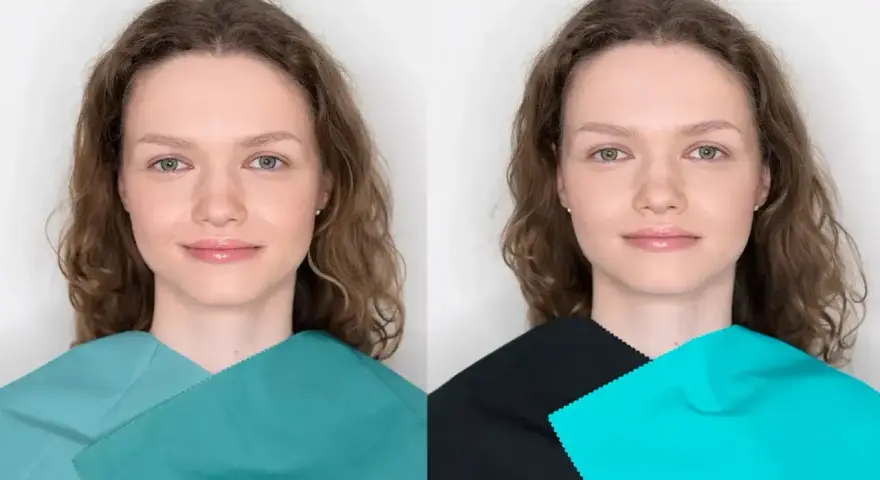 Kobieta o brązowych włosach, z zielonymi oczami, prezentuje typ urody lato. Kolory tkanin podkreślają jej subtelne piękno.