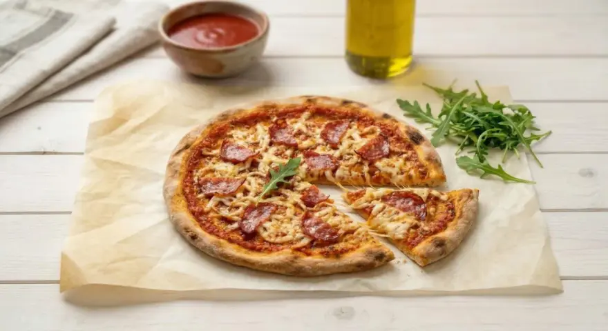 Pyszne, chrupiące ciasto na pizzę bez wyrastania z pikantnym salami i ciągnącym serem. Idealna na szybki obiad.