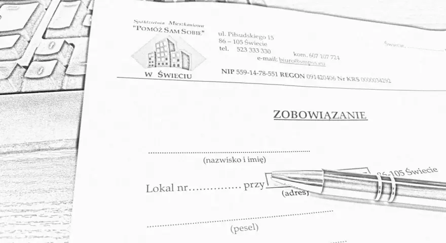 Szkic dokumentu "Zobowiązanie" spółdzielni mieszkaniowej z długopisem.