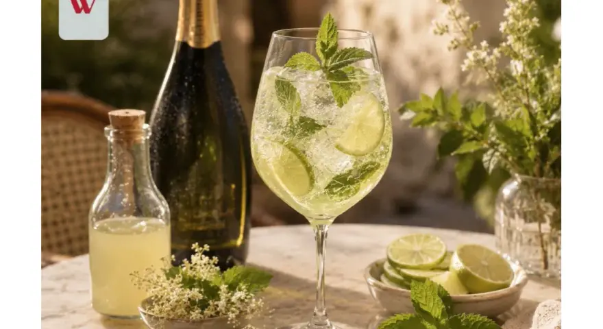 Orzeźwiający drink prosecco sprite z limonką i miętą, obok butelka prosecco i syropu.