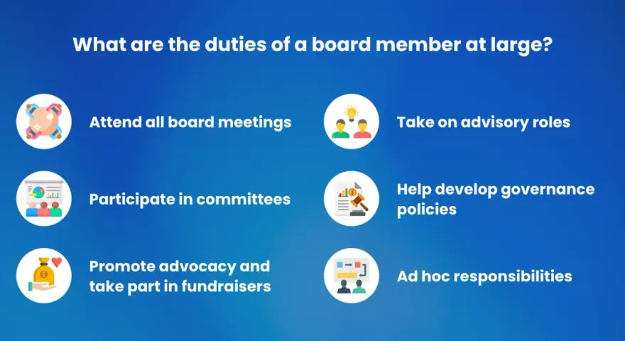 Duties of a board member at large: attend meetings, participate in committees, promote advocacy, take advisory roles, help develop policies, and handle ad hoc responsibilities.