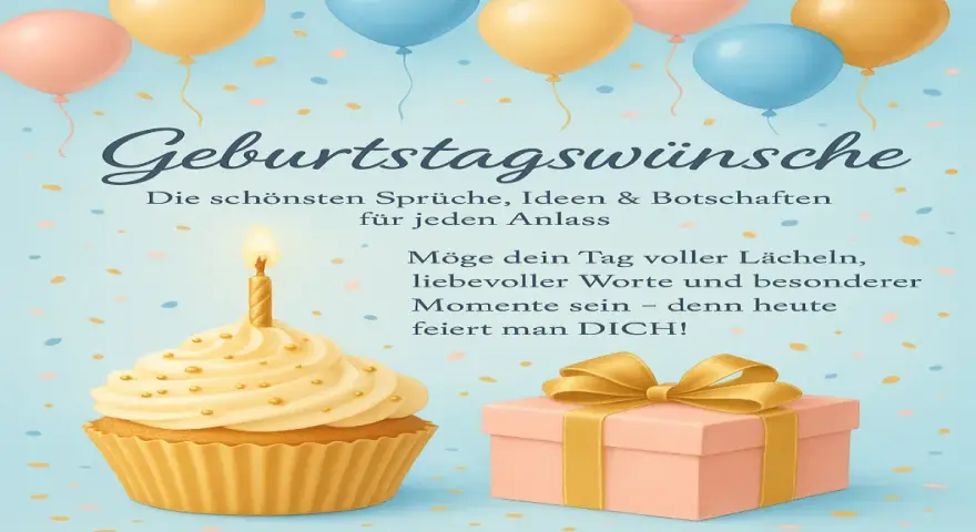 Geburtstagskuchen mit Kerze, Geschenkbox und Ballons vor blauem Hintergrund.