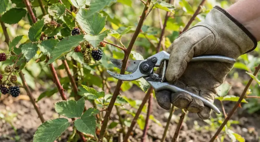 Ręka w rękawicy przycina gałąź jeżyny z owocami. Jesienne przycinanie jeżyny to klucz do obfitych plonów w przyszłym roku.