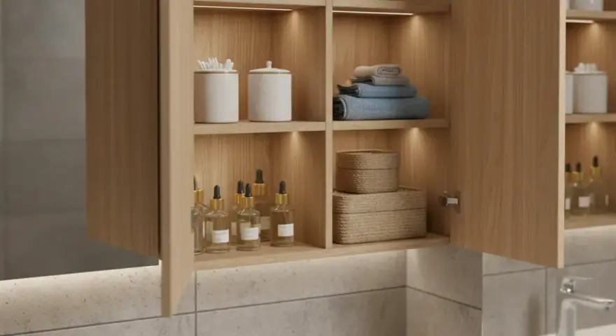 Belle idée rangement salle de bain : étagères en bois clair avec produits, serviettes et paniers tressés.