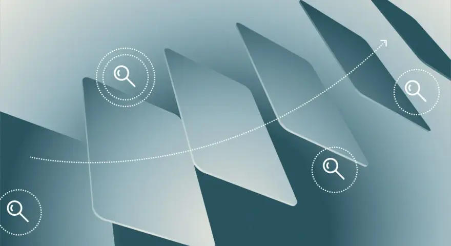 Abstract geometric shapes with magnifying glass icons and a dotted line with an arrow, symbolizing the search for business credit with no personal guarantee.