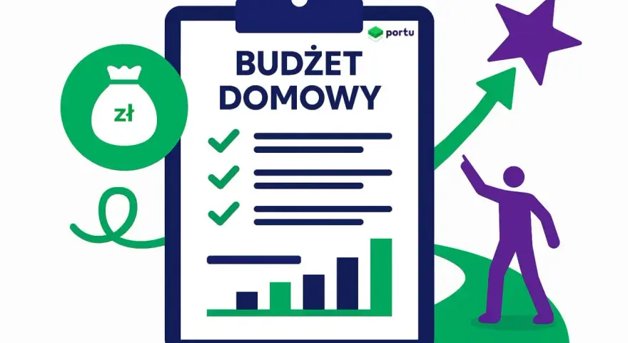 Zadbaj o swój budżet domowy! Ikony symbolizują finanse, cele i rozwój.