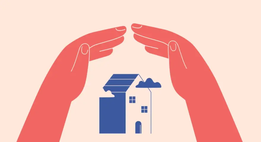 Deux mains protègent une maison bleue stylisée, symbolisant un congé pour reprise ou une protection.