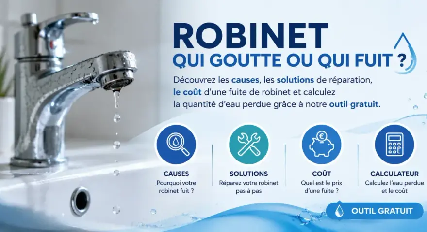 Un robinet chromé goutte dans un lavabo blanc. Le texte explique pourquoi un robinet goutte et propose des solutions.