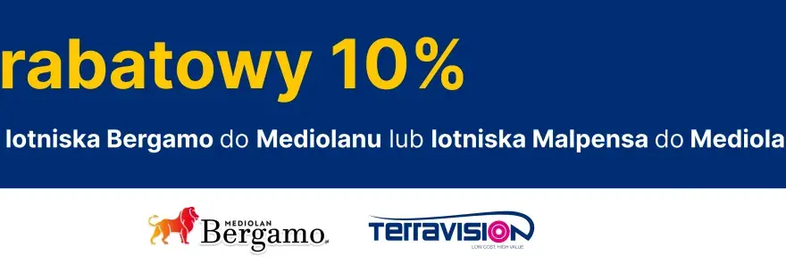 Kod rabatowy 10% na transfer z lotniska Bergamo do Mediolanu lub Malpensa. Logo Bergamo i TerraVision.
