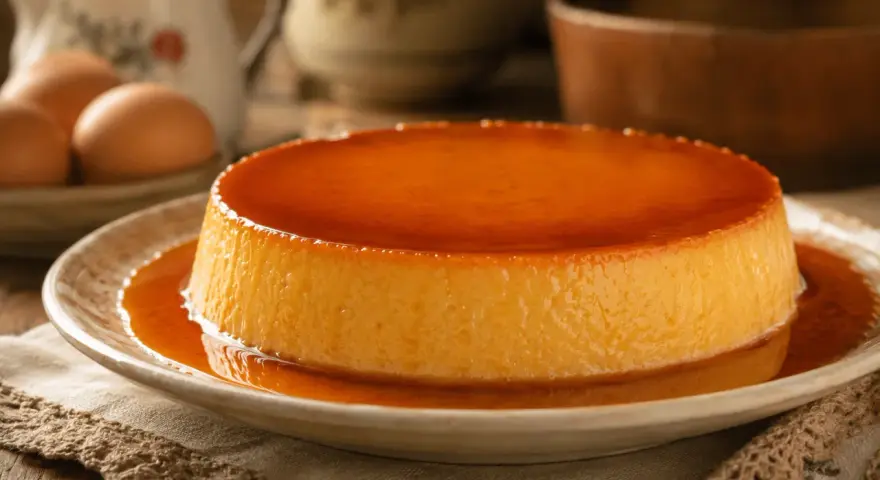 Delicioso flan de huevo casero con caramelo líquido. Una receta clásica que evoca recuerdos de infancia.