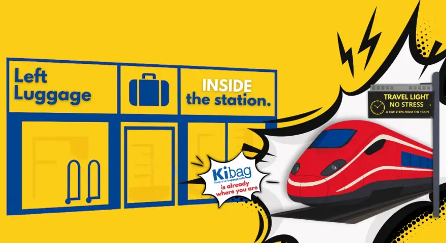 Left luggage sign inside a station with a red train and "Travel Light No Stress" sign.