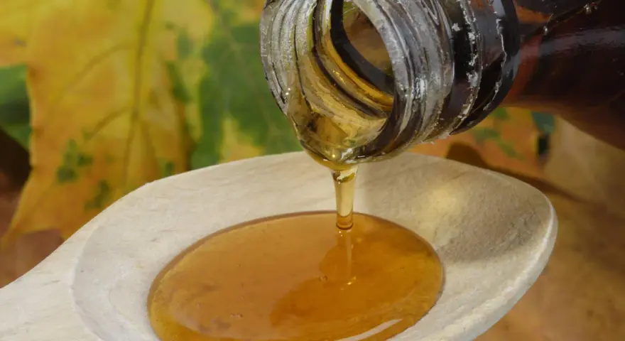 Ahornsirup tropft aus einer Flasche auf einen Holzlöffel. Die Frage, ob kann ahornsirup schlecht werden, beschäftigt viele.