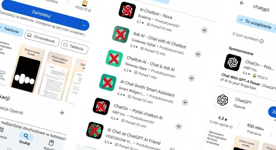 Szukaj aplikacji ChatGPT w sklepie. Widzisz oficjalną aplikację OpenAI i inne podobne.