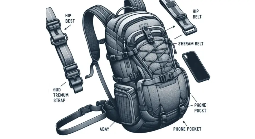 Ilustración detallada de las partes de una mochila escolar, mostrando correas, cinturones y bolsillos para el teléfono.