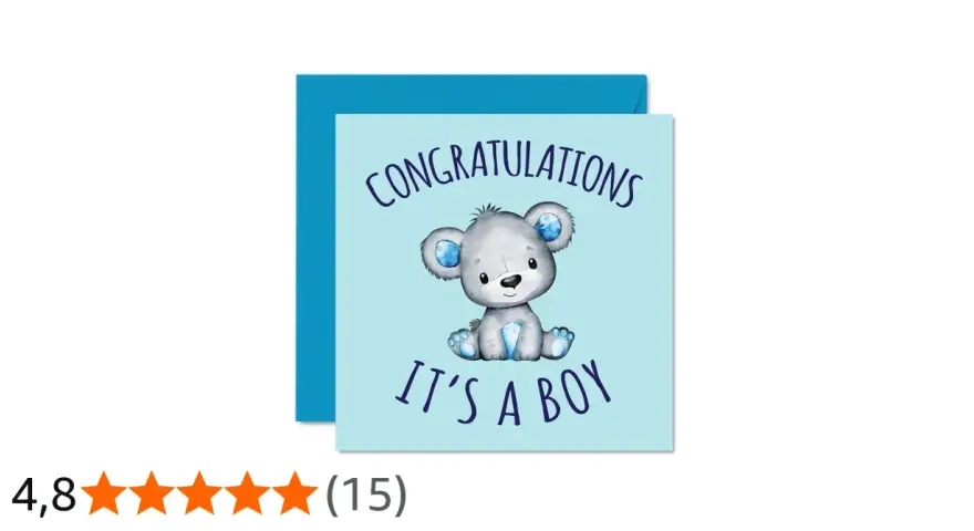 Sött kort till nyfödd med en björn som säger "Congratulations, it's a boy". Perfekt för att fira en ny liten kille!